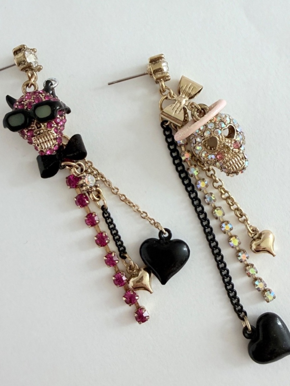 Betsey Johnson Devil Angel Skull Halloween Fuchsia AB Crystal Dangle Earrings